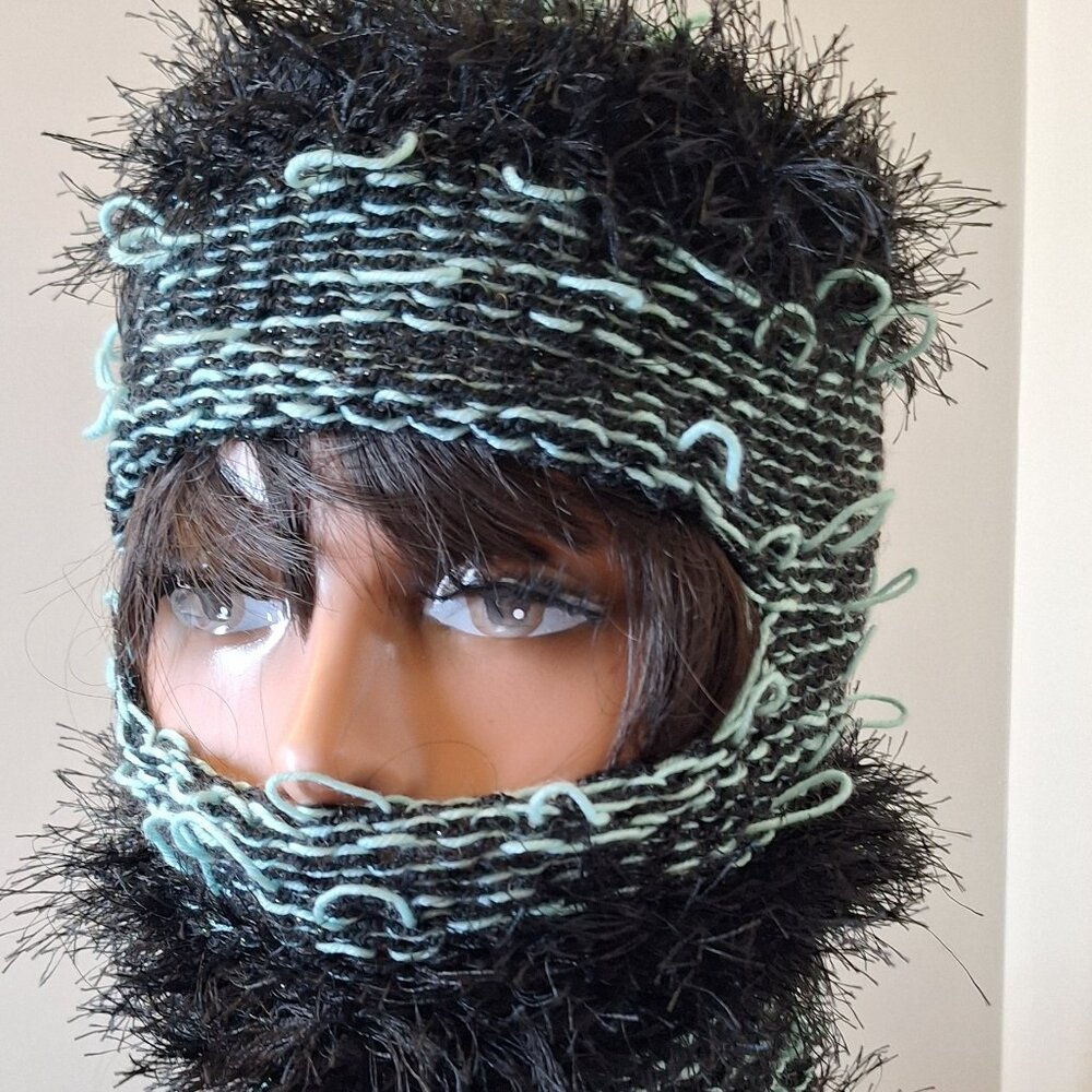 Fiber Riot 03 — Black & Mint Green Textured Knit Balaclava